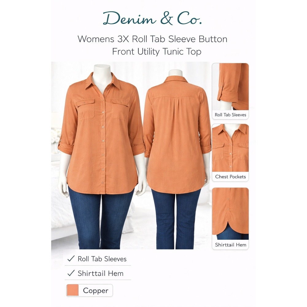 Denim & Co Women 3X Roll Tab Sleeve Button Front Utility Tunic Top Copper Orange